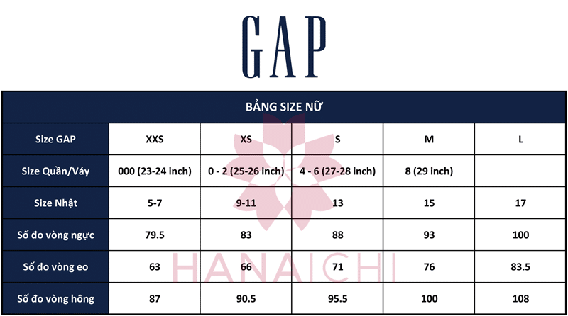 Bảng size GAP cho nữ