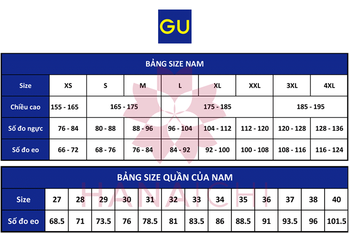 Bảng size quần áo GU nam.