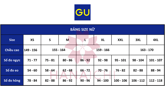 Bảng size quần áo GU dành cho nữ