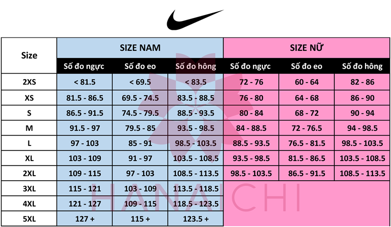 Bảng quy đổi size quần áo Nike form châu Á