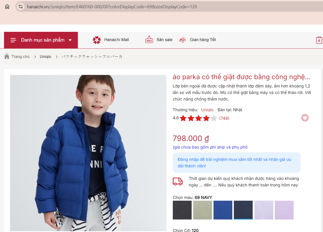 Giao diện sản phẩm Uniqlo tại website Hanaichi.vn