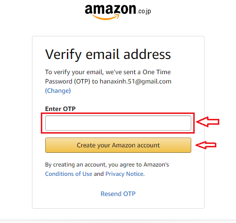 Nhập mã OTP để đăng ký tài khoản trên Amazon