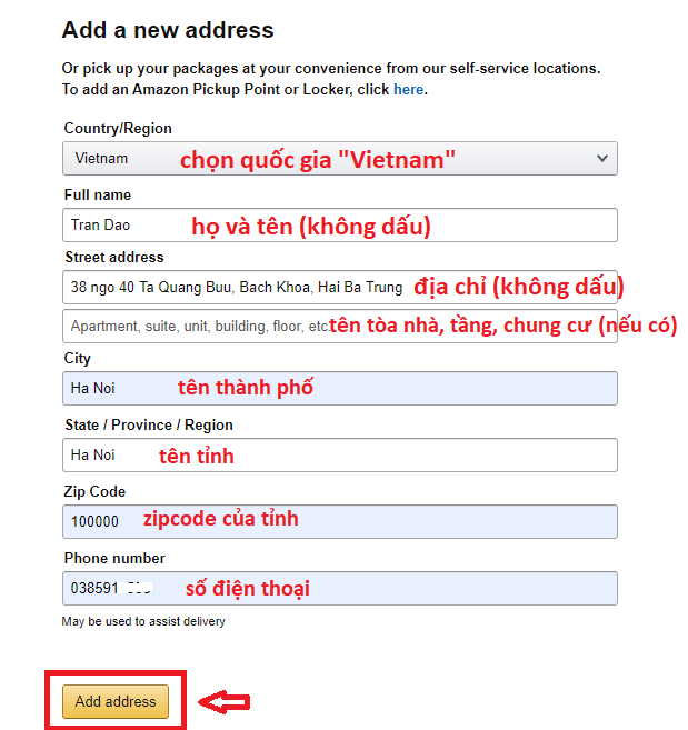 Địa chỉ nhận hàng tại Việt Nam