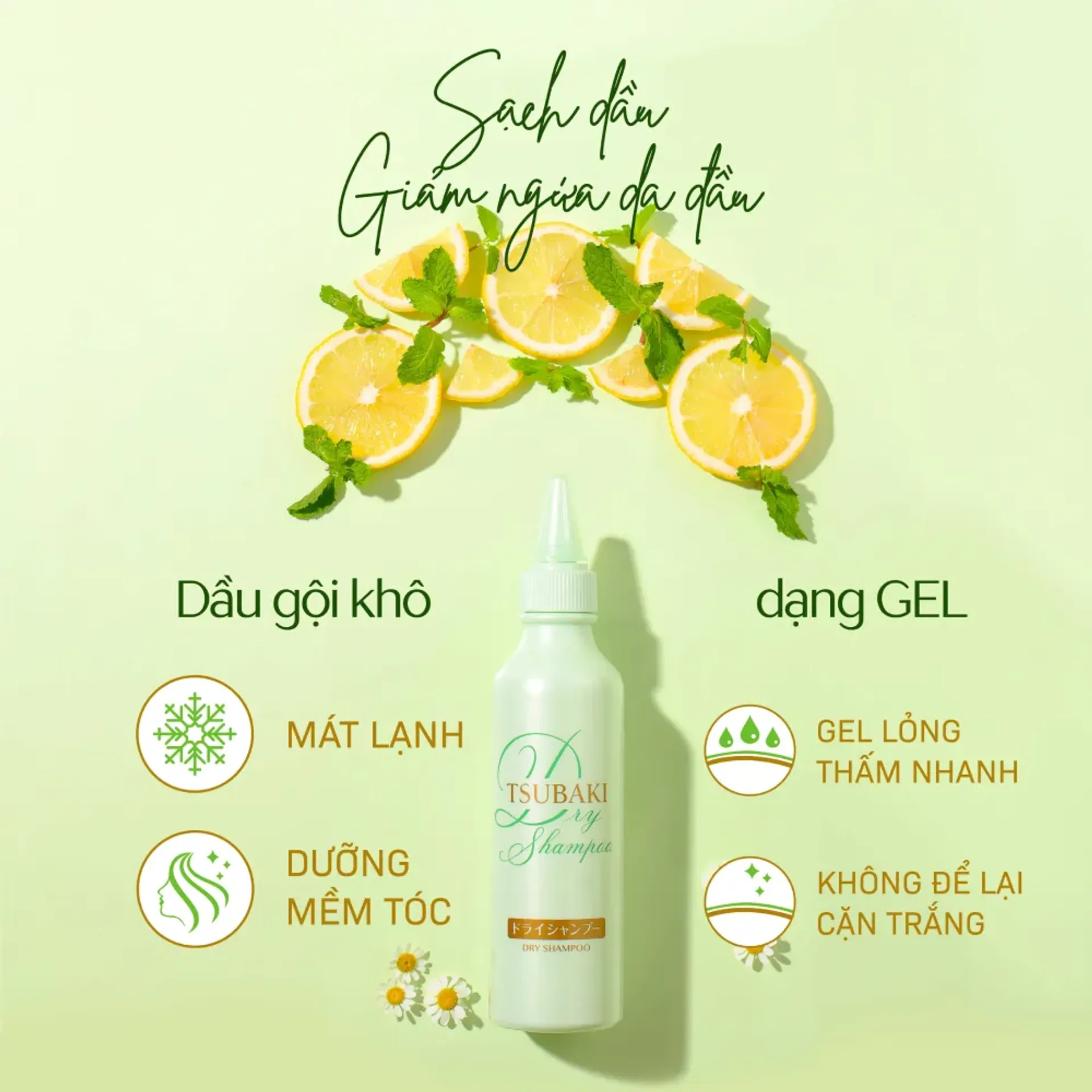 Dầu gội khô Tsubaki với thành phần từ thiên nhiên giúp hút dầu thừa nhanh chóng mà tóc vẫn mềm mượt.